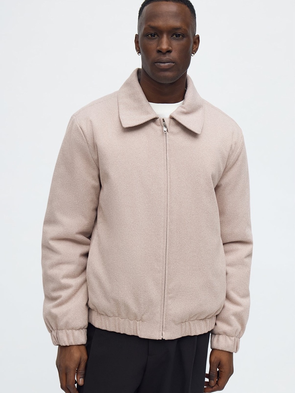 Men's Herringbone Bomber Jacket - Minimal Zip Front